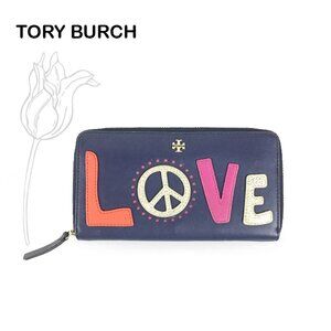 Tory Burch Peace Zip Continental Leather Wallet Navy Sea Retro Love Design